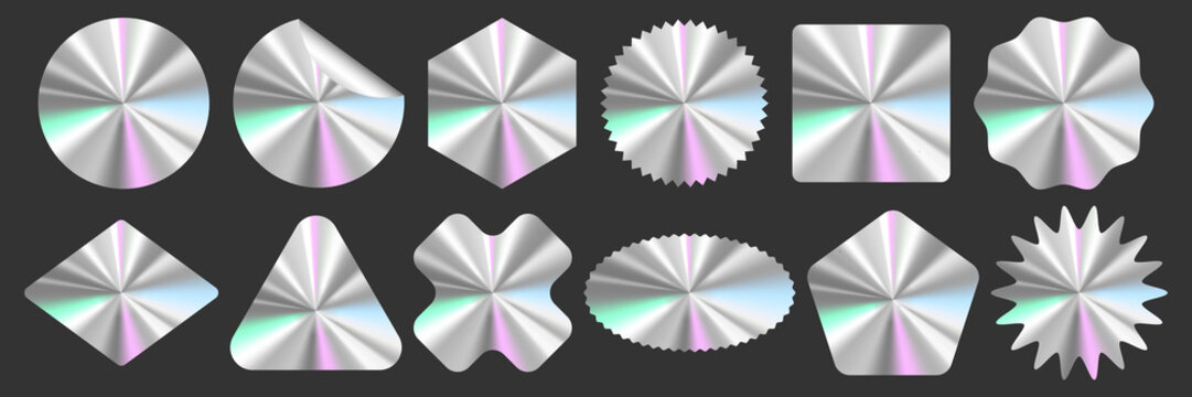 A set of shiny silver holographic circles with varying sizes and shapes. The circles are arranged in a row and appear to be metallic vector