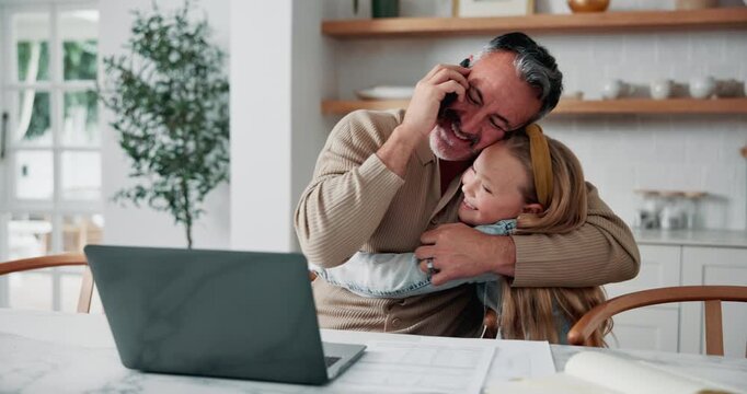 Dad, child and hug with phone call in home for multitasking, love or remote work on laptop. Happy father, daughter or kid with embrace, computer or smartphone for freelance business or discussion