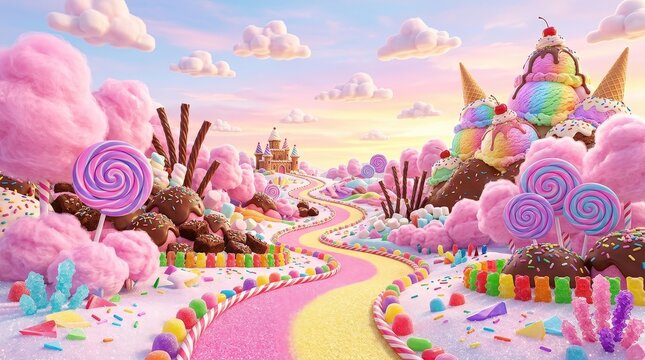 Vibrant candy land landscape featuring colorful ice cream mountain scenery