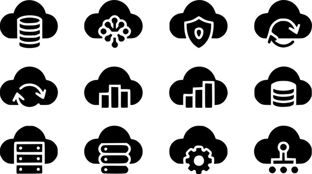 Minimalist cloud computing and network data storage vector silhouette icon set featuring database server clouds, neural network node cloud, secure shield protection, data synchronization sync arrows