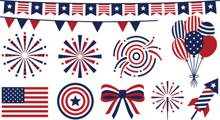 Obraz premium Patriotic American celebration vector set, Fourth of July party icons with fireworks and flags, red white and blue holiday design elements