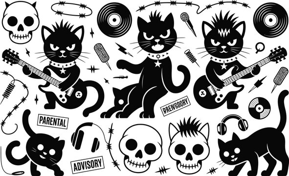 Black Cats Playing Guitar with Skulls and Records