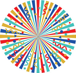 Fototapeta premium Festive colorful confetti sunburst vector, vibrant party explosion with streamers and stars, celebratory radial background for birthday and events