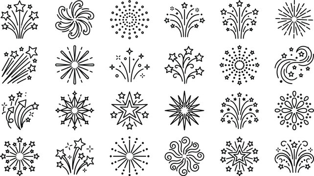 Fireworks line icon set, 24 celebration firework burst vector elements, festive star sparks and pyrotechnic explosion symbols for holiday events