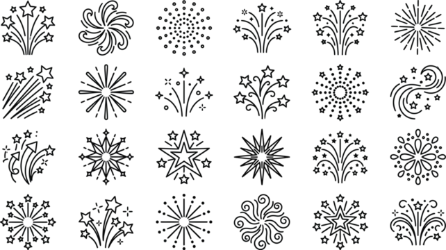 Fireworks line icon set, 24 celebration firework burst vector elements, festive star sparks and pyrotechnic explosion symbols for holiday events