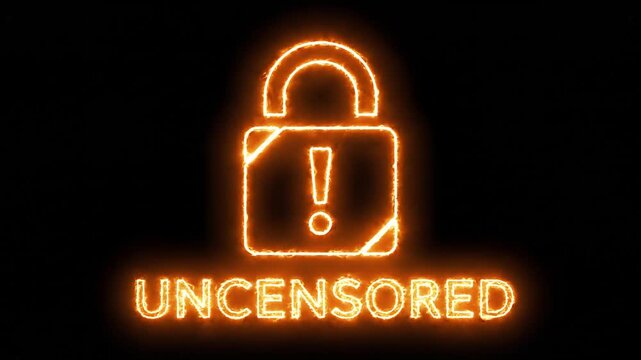 Neon Orange Burning Fire Text Effect Animating the Uncensored Label with Locked Padlock Icon on Black Background