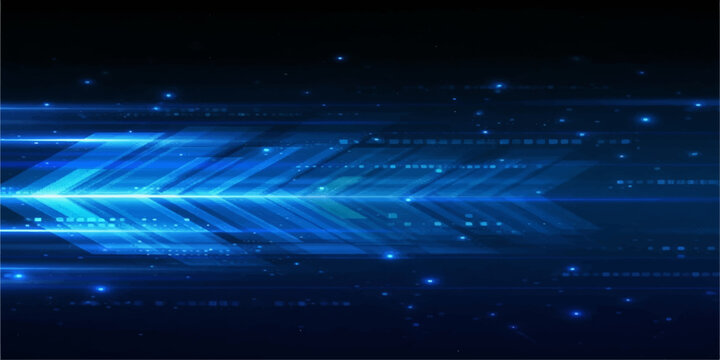 Abstract blue light trails form a futuristic arrow shape, conveying speed and technological advancement with digital particles scattered across a dark background.
