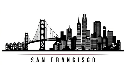 Fototapeta premium A horizontal banner featuring a black-and-white silhouette of the San Francisco skyline, showcasing its iconic landmarks, distinctive skyline, and recognizable bridge elements. 