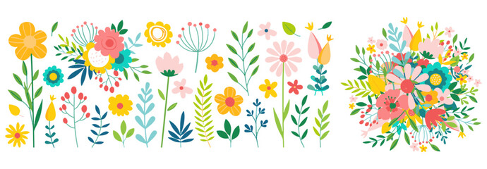 Obraz premium Vibrant spring floral elements collection featuring various colorful flowers, leaves, and a beautiful bouquet, perfect for design projects and seasonal decorations