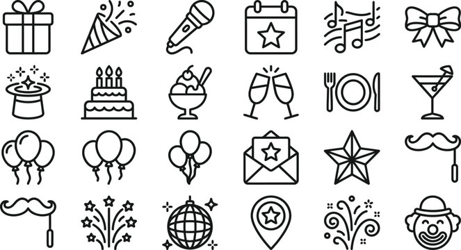 Party and celebration line icon set, 24 birthday event vector symbols, festive holiday outline icons for invitation design and social planning