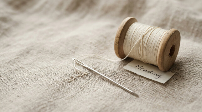 Vintage wooden spool with white cotton thread and sewing needle, rustic mending tools on linen fabric, slow fashion and textile repair concept