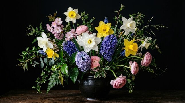 Vibrant spring flower arrangement featuring yellow daffodils and purple hyacinth blooms