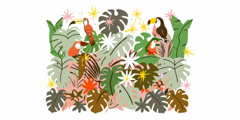 Obraz premium Tropical birds and foliage flat vector illustration on white background