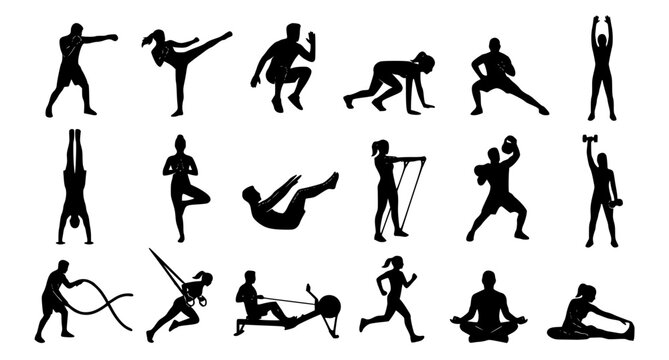 Functional Fitness Workout Silhouette Collection with Men and Women Exercise Vector Icons