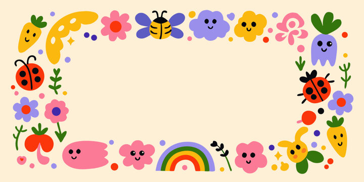 Kawaii doodle frame with flowers insects and clouds vector illustration
