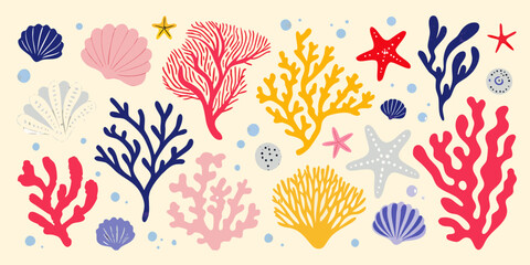 Coral Reef Illustration With Starfish And Shells Colorful Vector Design © Topoti