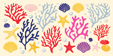 Coral reef illustration with starfish and seashells vibrant vector pattern © Topoti