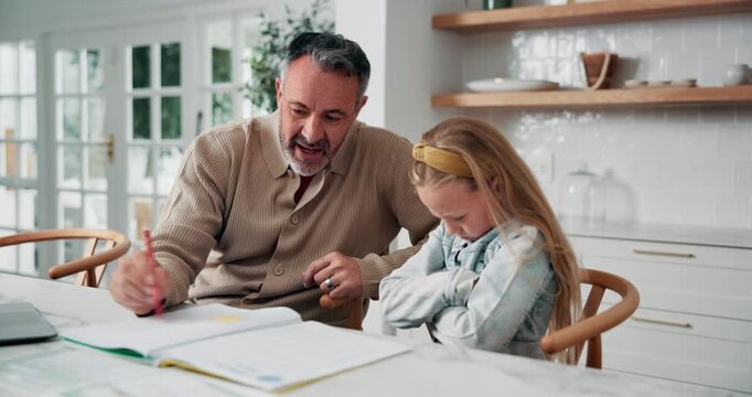 Dad, child and refuse homework in home for learning disability, academic frustration or difficulty. Homeschool, mature father and girl with dyslexia for lesson struggle, education help and resistance