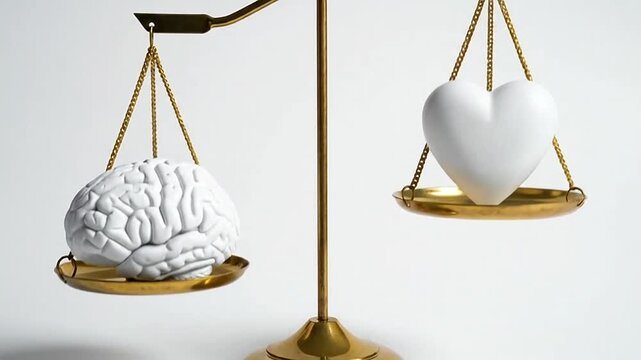 A golden scale balancing a white brain and a white heart shape