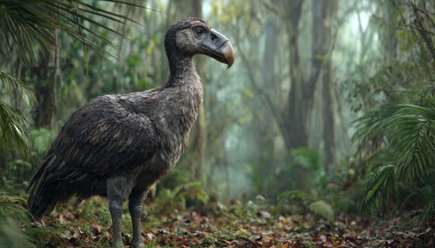 Flightless moa bird standing in a lush prehistoric dense rainforest landscape with foggy atmosphere prehistoric rainforest