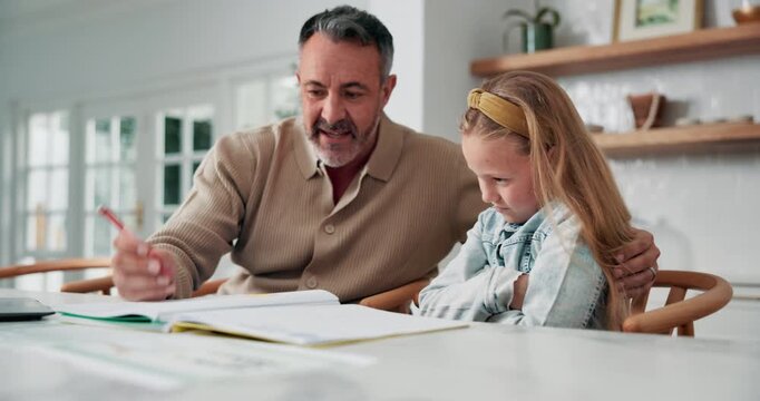 Home, dad and support sad child with homework for learning disability, lesson frustration or help. Homeschool, mature father and girl with dyslexia for activity struggle, encourage study or workbook