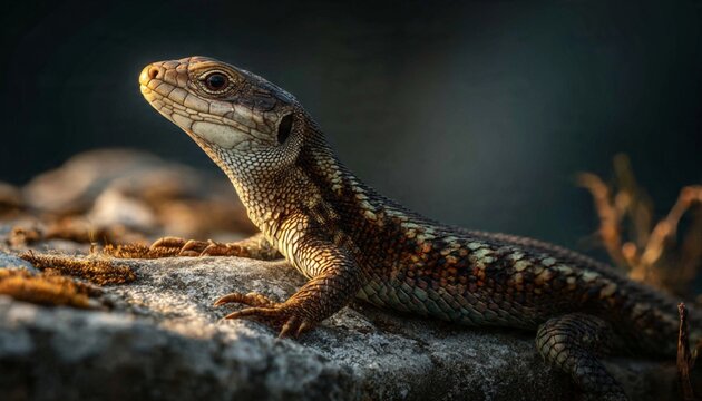 Common lizard perched on a rough stone in warm sunlight with wildlife sunlight creature terrestrial habitats climbing