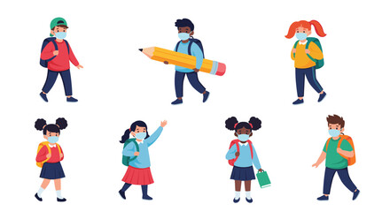 Fototapeta premium Group of diverse school children wearing colorful face masks and backpacks stand ready for class in a safe way.