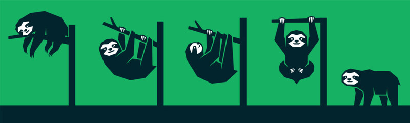 Naklejka premium Sloth in various poses, from climbing to hanging and walking, on a green background.