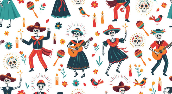 Vibrant seamless pattern for Day of the Dead featuring dancing skeletons with guitars, skulls, and bright flowers.