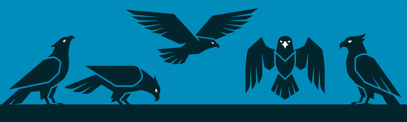 Obraz premium Set of stylized raven or crow birds in various poses, vector illustration on blue background.