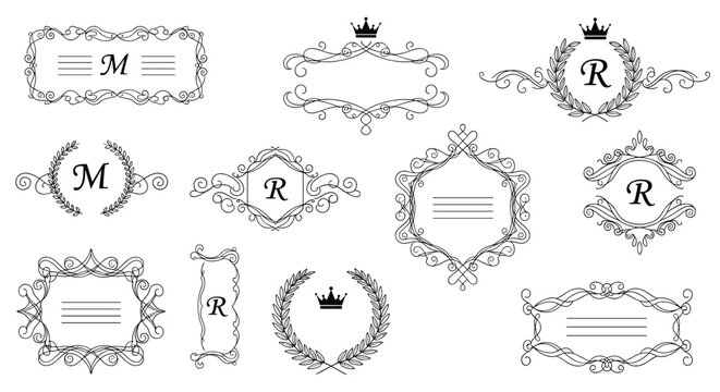 Large collection of elegant black and white decorative frames, borders, wreaths, and monogram crests with crowns and letters.