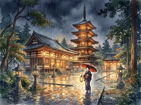 Traditional Japanese Temple in Rainy Evening Light.