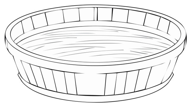 Black and white line art of a round empty wooden farm basket
