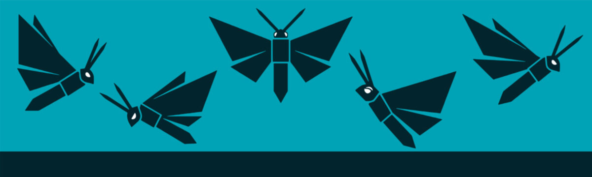 Abstract geometric moths flying against a teal background, minimalist insect illustration.