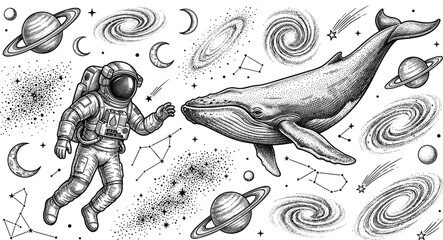 Surreal Space Galaxy Sketch Set Featuring Astronaut Floating with Giant Humpback Whale Among Planets Galaxies Constellations and Stars Vector Illustration © Shahanaj