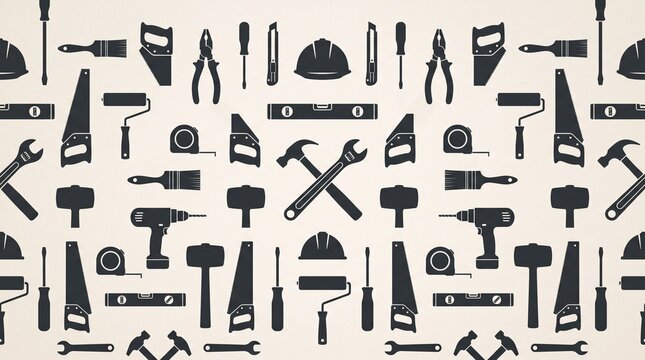 Seamless pattern with construction tools icons on beige background