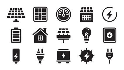 Electrical energy and home solar power icons featuring battery and wall plug flat symbols. © Tamanna