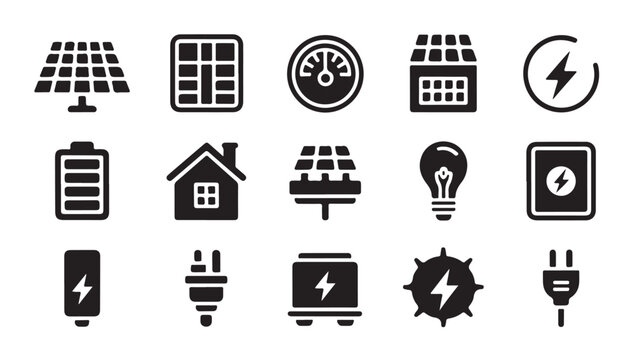 Electrical energy and home solar power icons featuring battery and wall plug flat symbols.