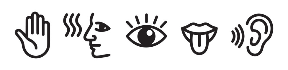 Five senses icons featuring hand nose eye mouth and ear for perception concept vector graphic. © Nayan Arts
