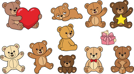 Obraz premium Cute Teddy Bear Cartoon Character Vector Illustration Set with Various Poses, Emotions, Red Heart, Present Box, and Golden Star Elements