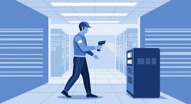 Data Center Technician Scanning Servers with Barcode Reader