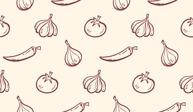 Kitchen spices doodle background. Herbs food pattern background. Spices and herbs seamless pattern. Line art of  spicy seasoning food hand drawn pattern with onion, garlic, chili, tomato.