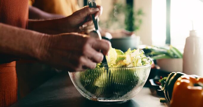 Cooking, salad and hands with utensils in house, nutrition and meal prep with ingredients in kitchen. Mixing, food and people with culinary skills for gourmet, vegetarian and organic diet in home
