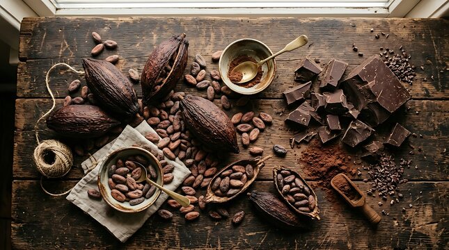 Rustic flat lay of raw cocoa beans and broken dark chocolate chunks on wooden table