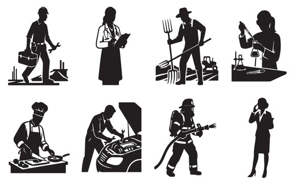 Diverse professional occupations and workers silhouette icons set with contextual elements