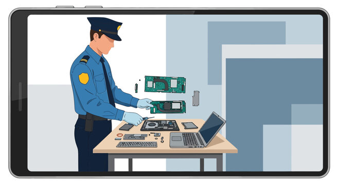 Digital Forensics: Detective Inspects Computer Components & Circuit Boards