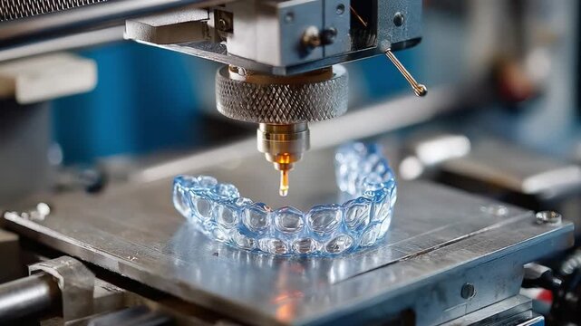 3D Printed Dental Aligners: A close-up shot showcases a 3D printer precisely fabricating a clear dental aligner, highlighting advanced manufacturing in dental care and technology.