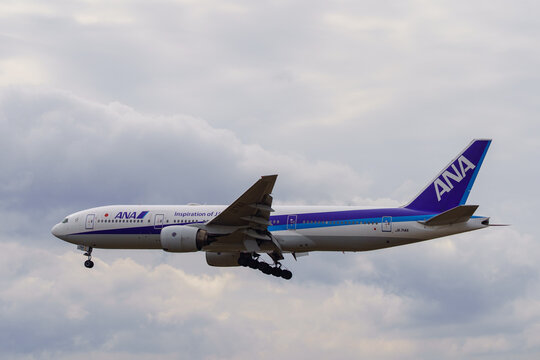 An All Nippon Airways (ANA) Boeing 777-200 (JA714A) on approach to Fukuoka Airport on February 14, 2019 in Fukuoka, Japan.