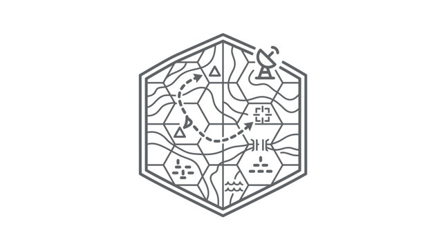 Hexagonal tactical map with military strategy symbols.