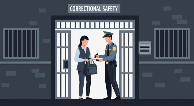 Correctional Officer Inspecting Visitor at Prison Entrance
